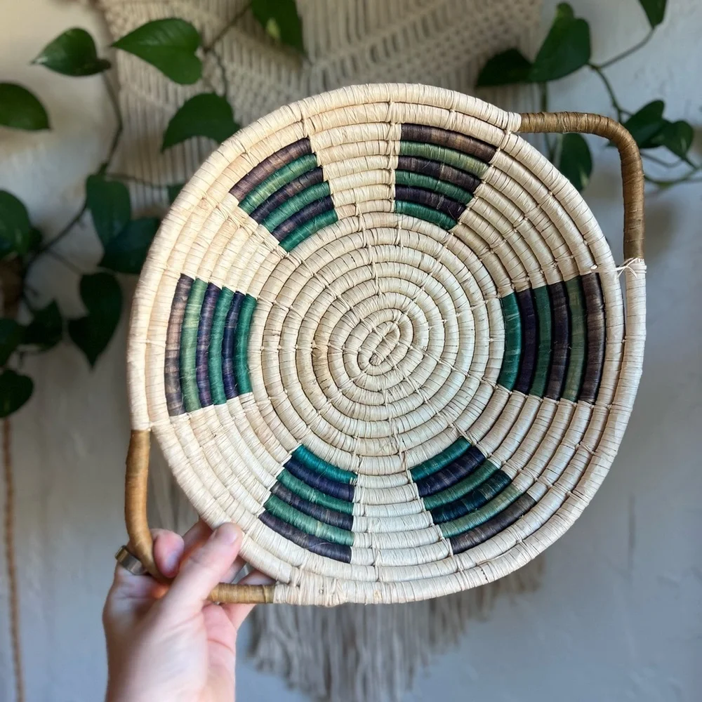 Large Woven Rattan Basket Bowl with Handles – Boho Farmhouse Wall or Table Décor